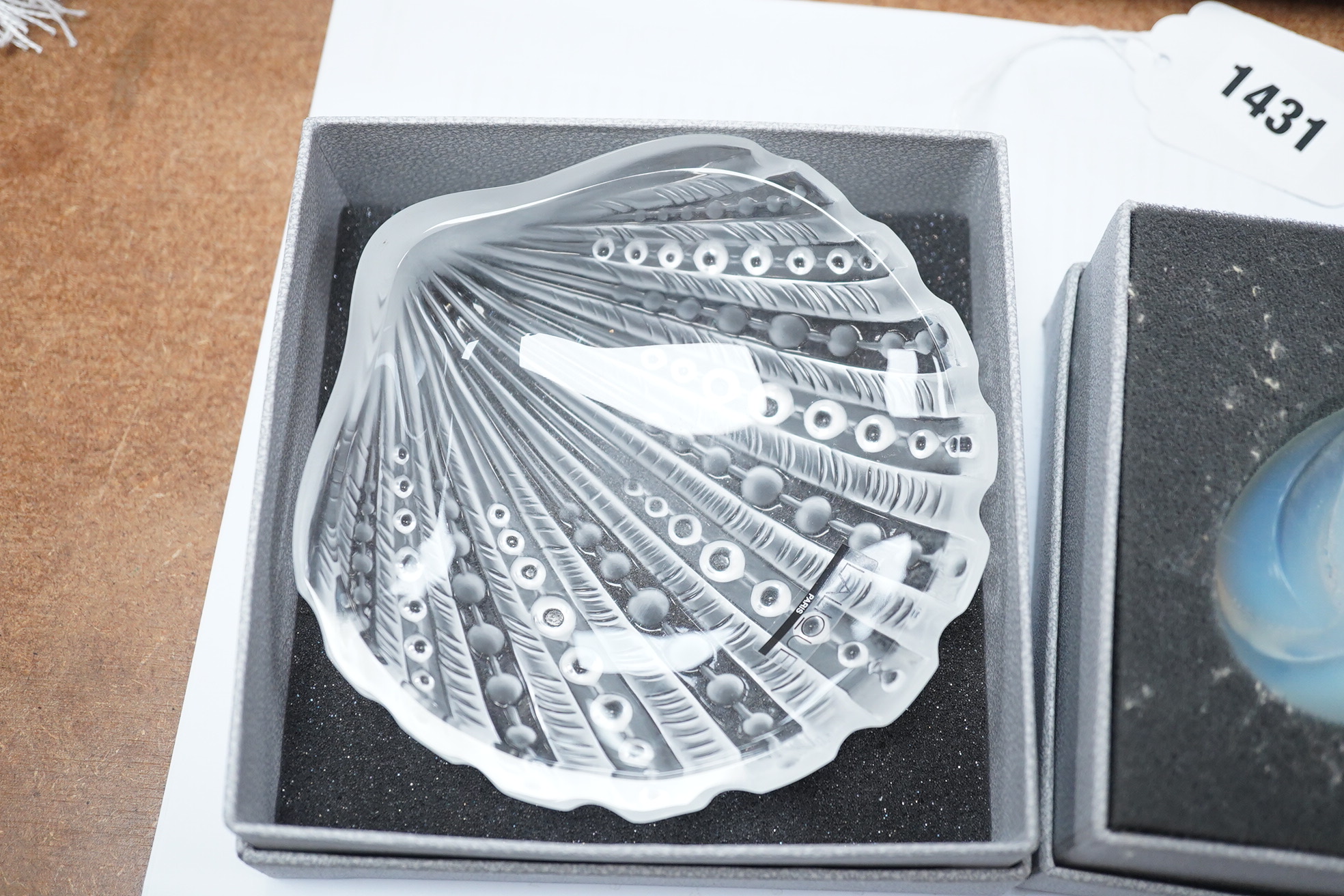 Three items of modern Lalique glass comprising paperweight in the form of a heart, shell dish and mouse, two boxed, largest 12.5cm. Condition - good